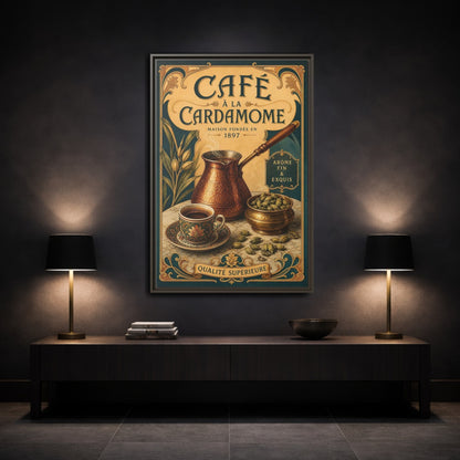 Mockup 3. Cardamom Café Vintage Poster shown as framed canvas print