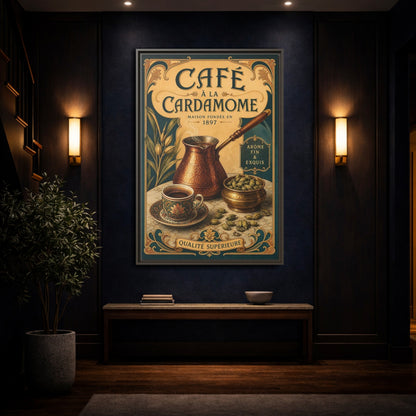 Mockup 4. Cardamom Café Vintage Poster shown as framed canvas print