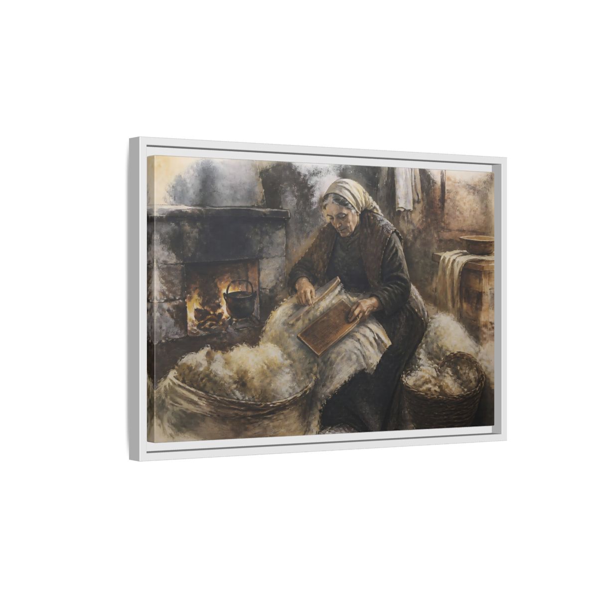 Side Mockup 1. Carding Wool By Hearth shown as framed canvas print
