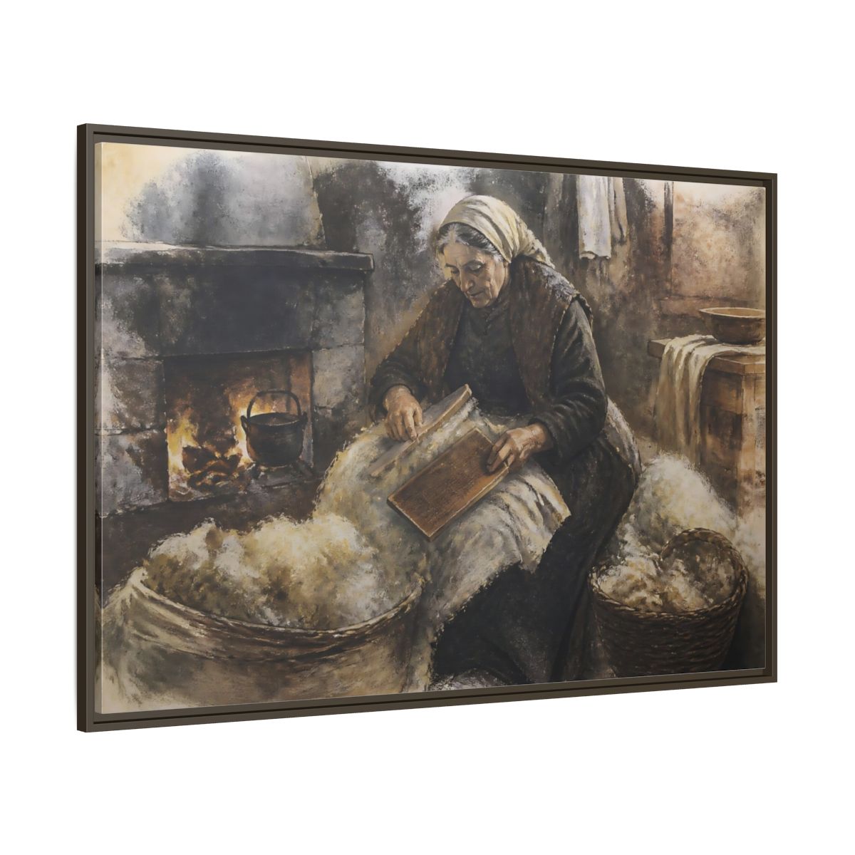 Side Mockup 8. Carding Wool By Hearth shown as framed canvas print