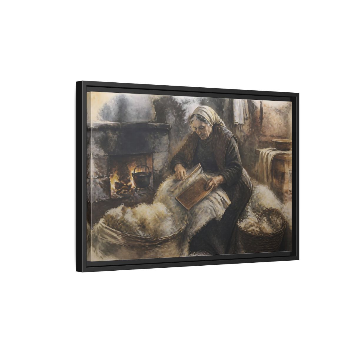 Side Mockup 3. Carding Wool By Hearth shown as framed canvas print