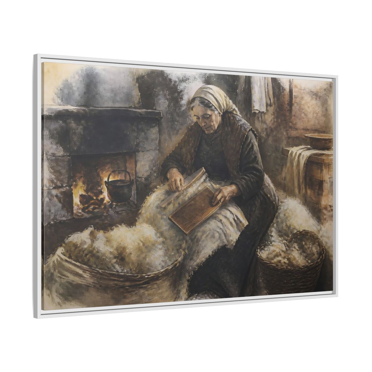 Side Mockup 7. Carding Wool By Hearth shown as framed canvas print