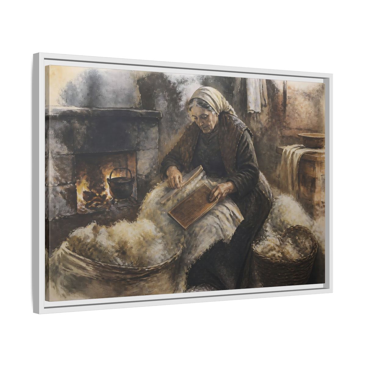 Side Mockup 10. Carding Wool By Hearth shown as framed canvas print