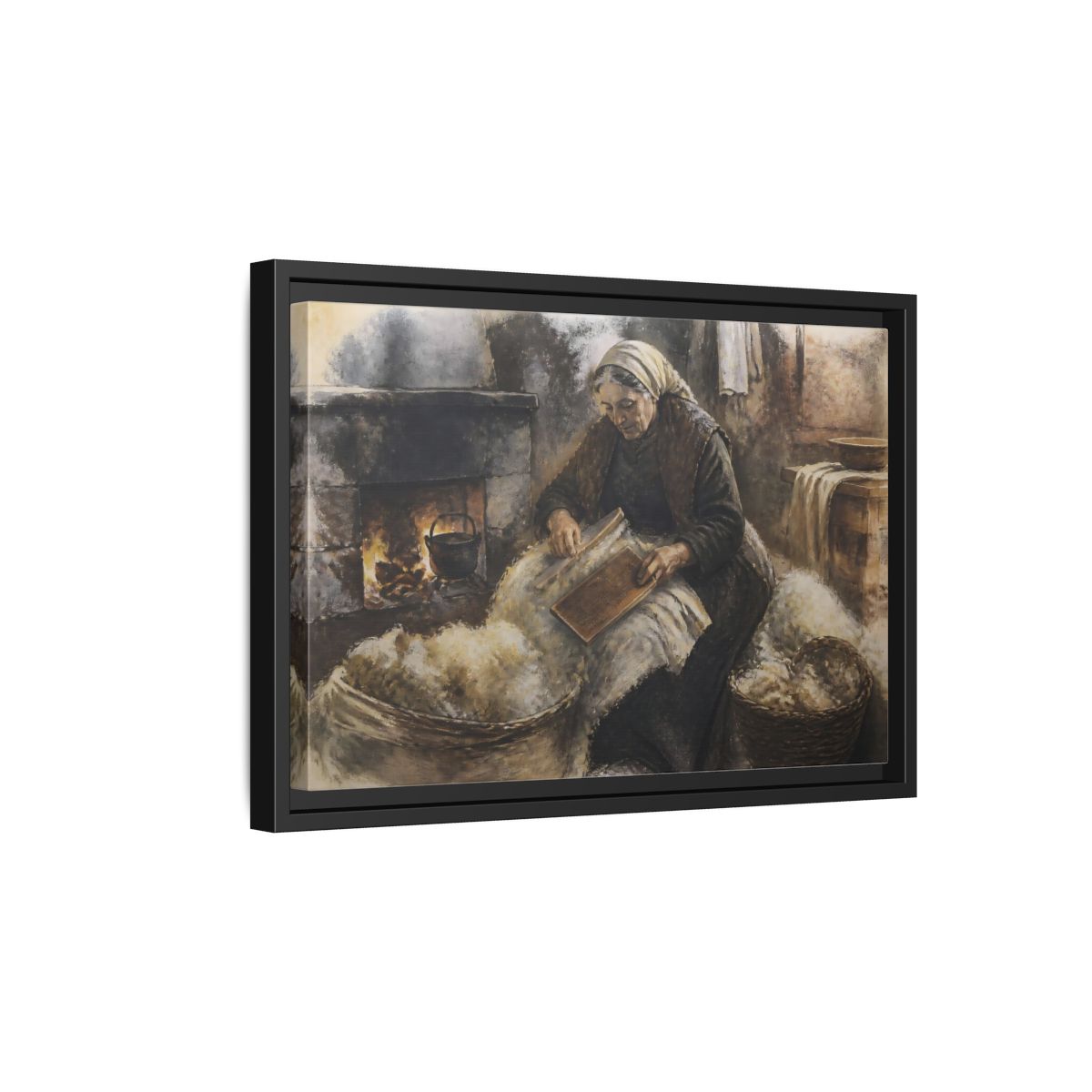 Side Mockup 6. Carding Wool By Hearth shown as framed canvas print