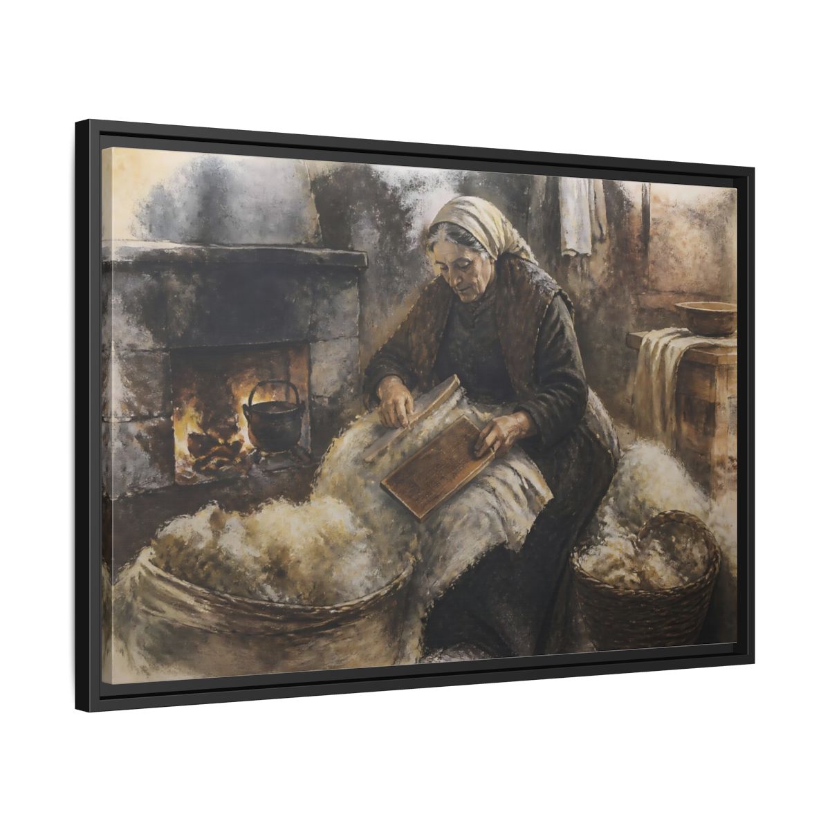 Side Mockup 14. Carding Wool By Hearth shown as framed canvas print