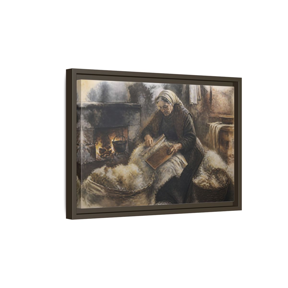 Side Mockup 5. Carding Wool By Hearth shown as framed canvas print