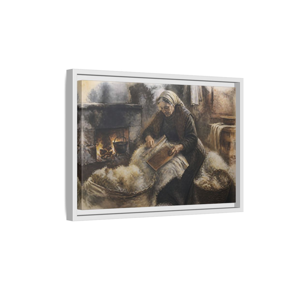 Side Mockup 4. Carding Wool By Hearth shown as framed canvas print