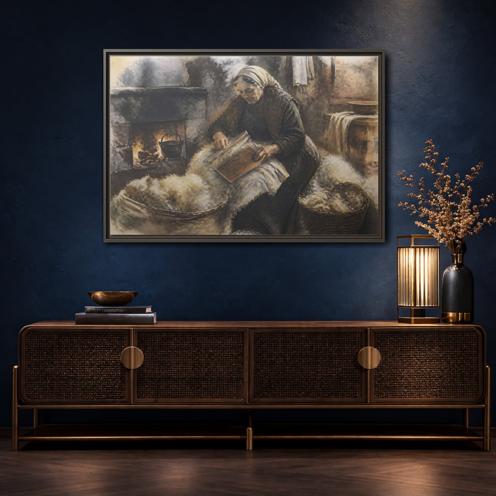 Mockup 4. Carding Wool By Hearth shown as framed canvas print