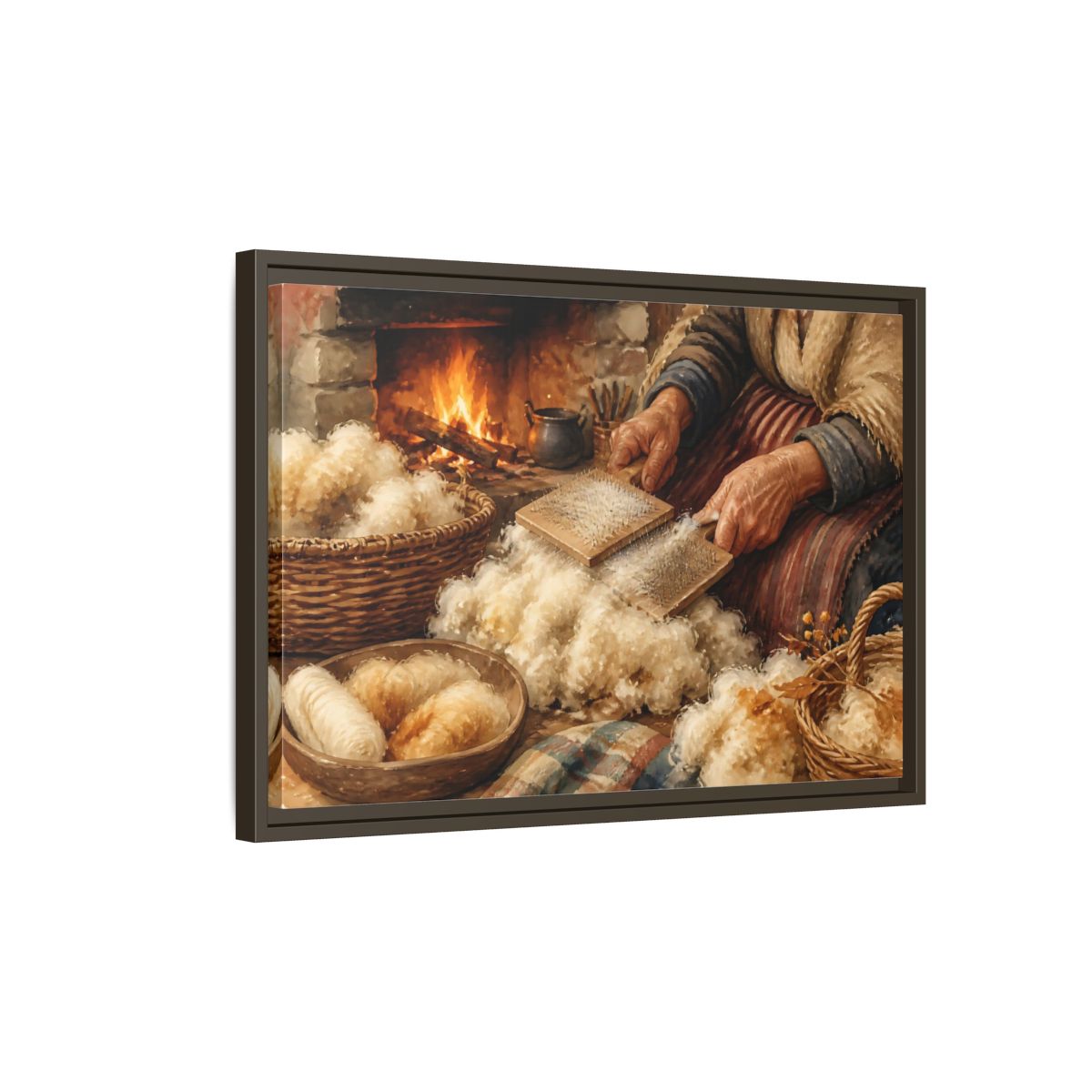 Side Mockup 2. Carding Wool By The Hearth shown as framed canvas print