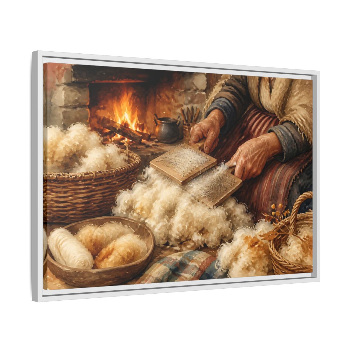 Side Mockup 10. Carding Wool By The Hearth shown as framed canvas print