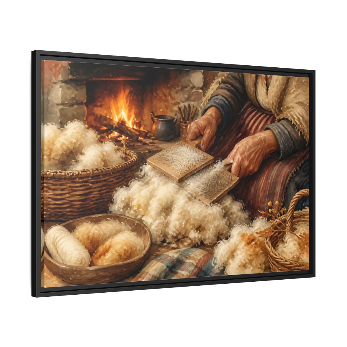 Side Mockup 13. Carding Wool By The Hearth shown as framed canvas print