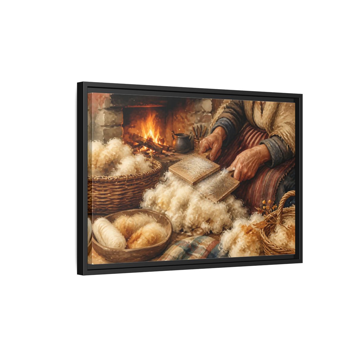 Side Mockup 3. Carding Wool By The Hearth shown as framed canvas print
