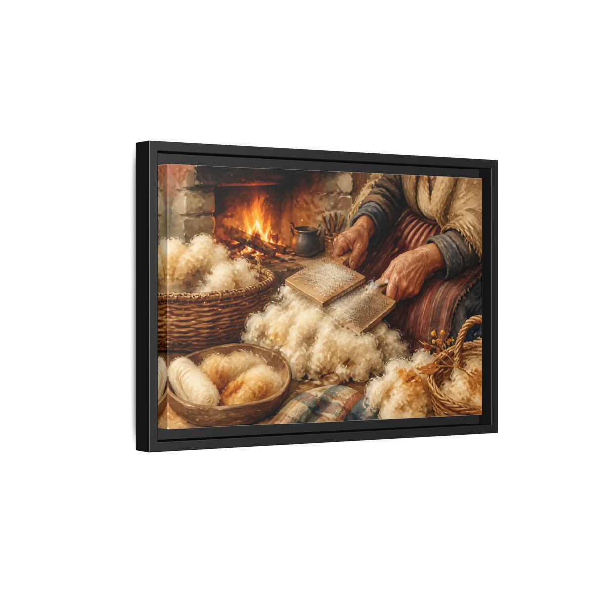 Side Mockup 6. Carding Wool By The Hearth shown as framed canvas print