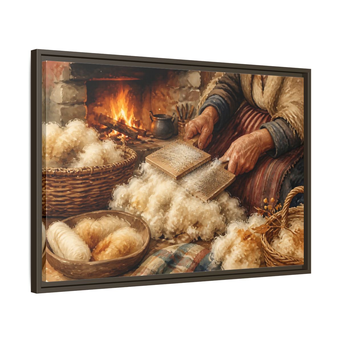Side Mockup 11. Carding Wool By The Hearth shown as framed canvas print