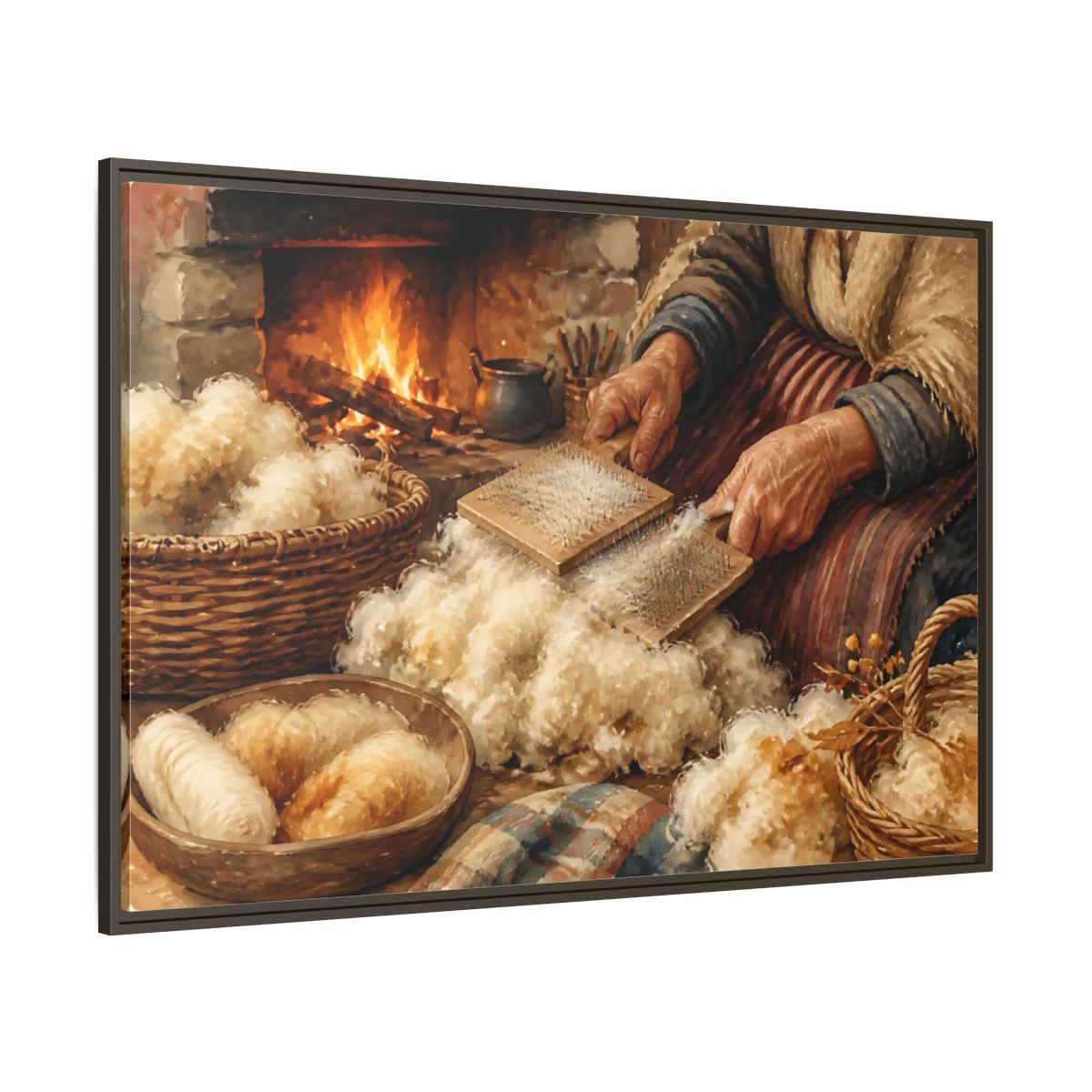Side Mockup 8. Carding Wool By The Hearth shown as framed canvas print