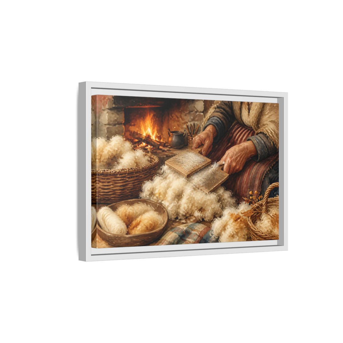 Side Mockup 4. Carding Wool By The Hearth shown as framed canvas print