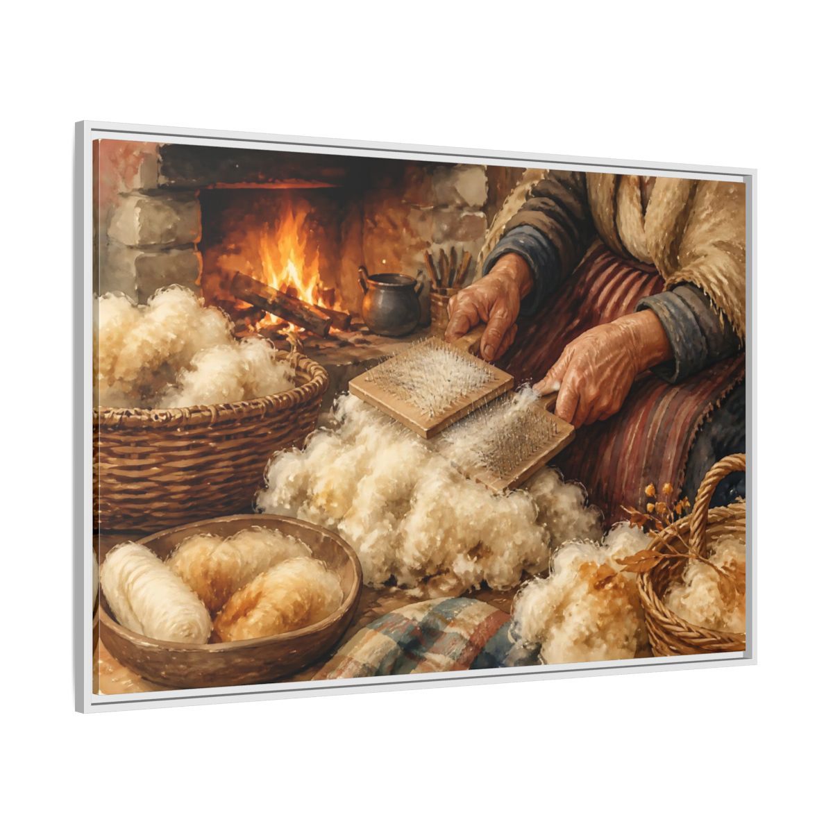 Side Mockup 7. Carding Wool By The Hearth shown as framed canvas print