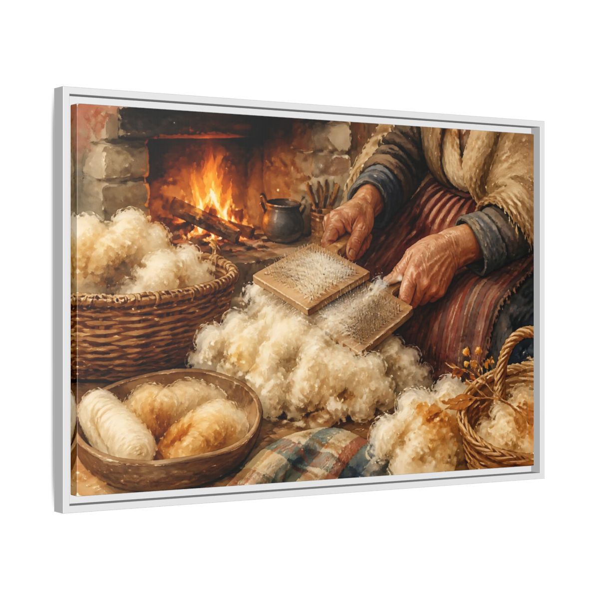 Side Mockup 9. Carding Wool By The Hearth shown as framed canvas print
