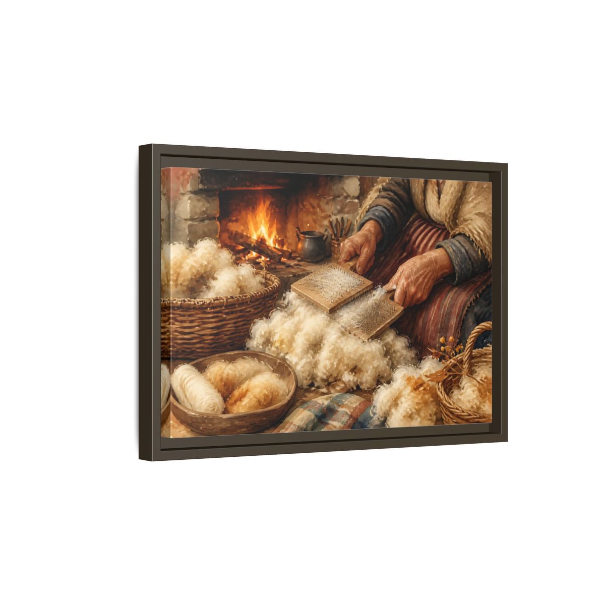 Side Mockup 5. Carding Wool By The Hearth shown as framed canvas print