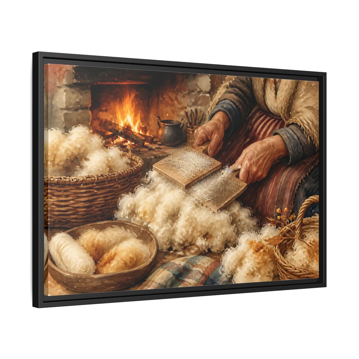 Side Mockup 14. Carding Wool By The Hearth shown as framed canvas print