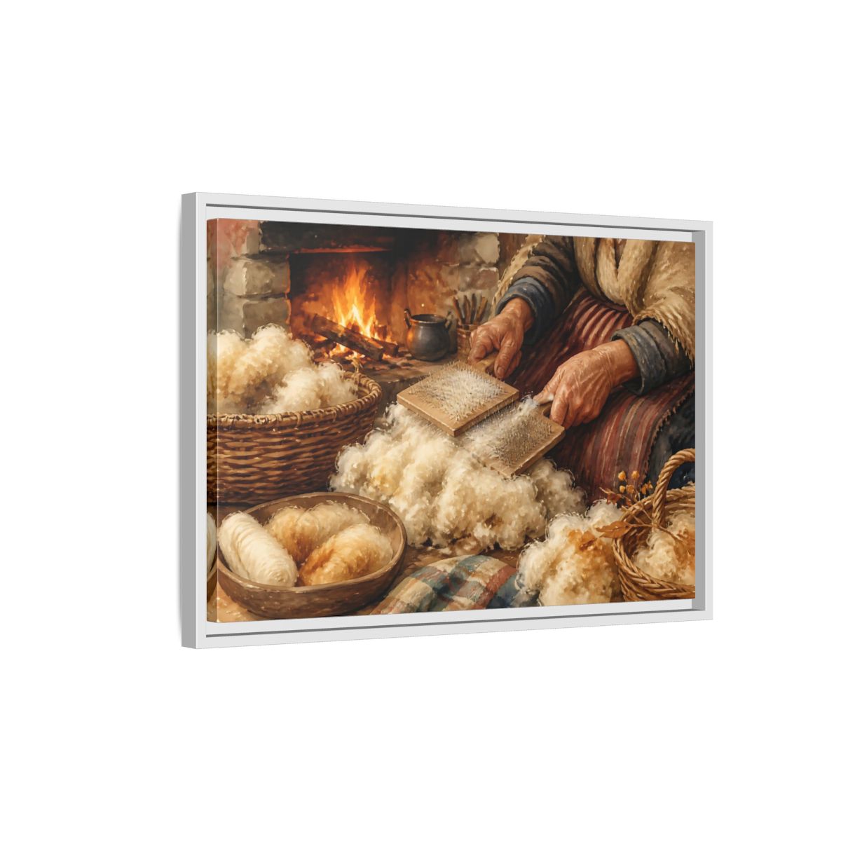 Side Mockup 1. Carding Wool By The Hearth shown as framed canvas print