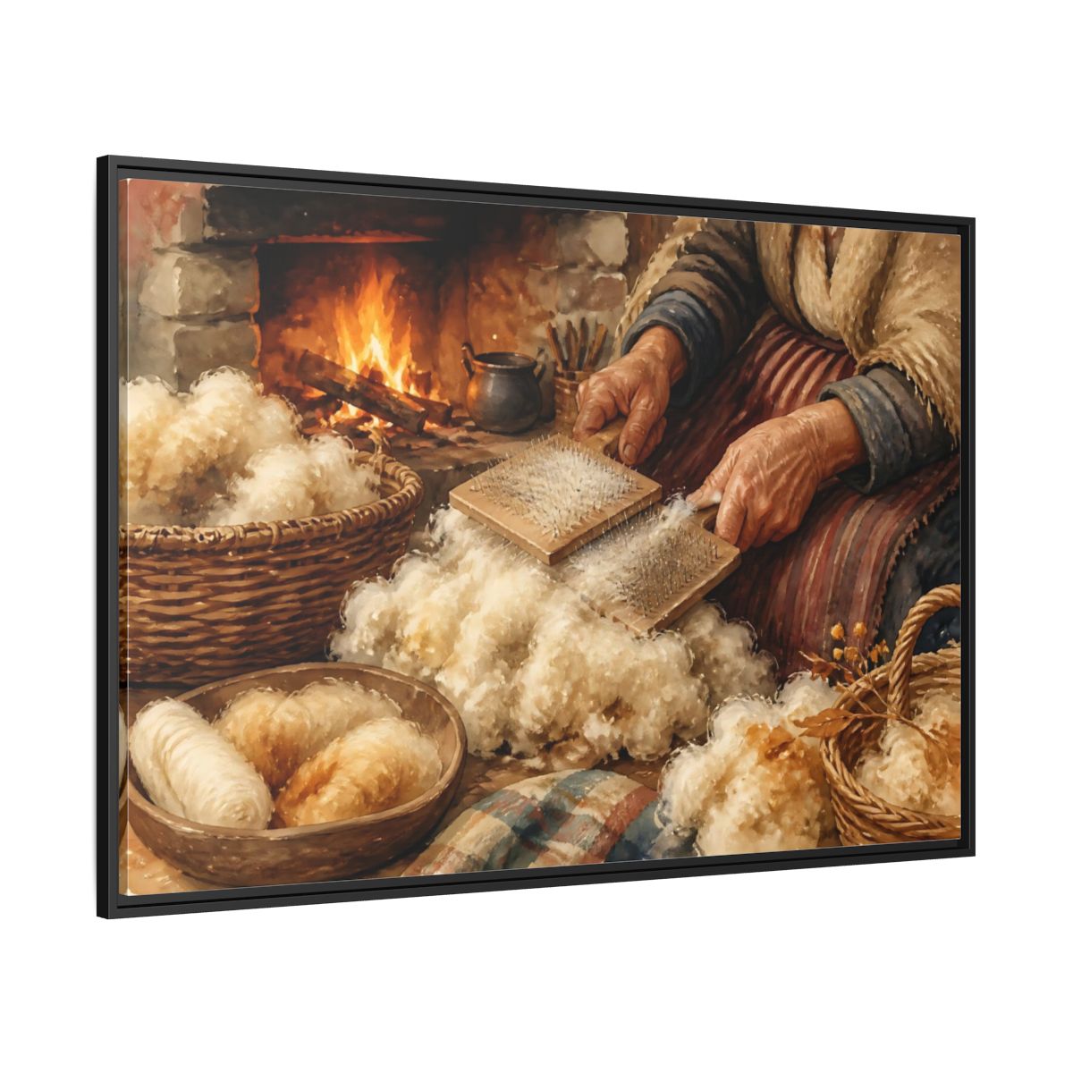 Side Mockup 12. Carding Wool By The Hearth shown as framed canvas print