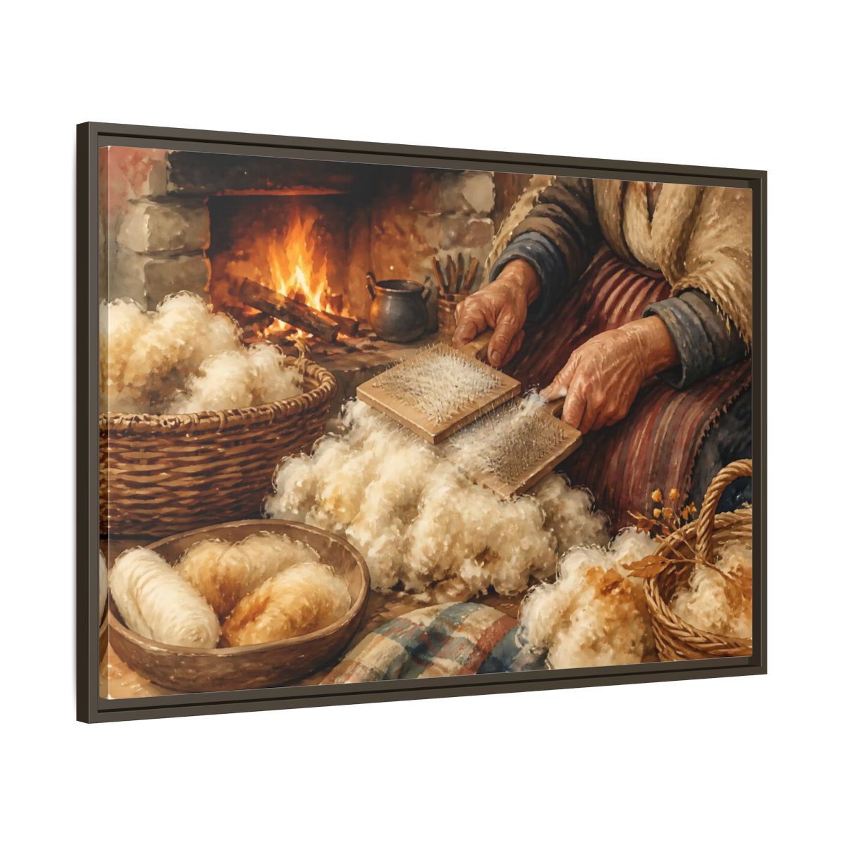 Main Mockup. Carding Wool By The Hearth shown as framed canvas print