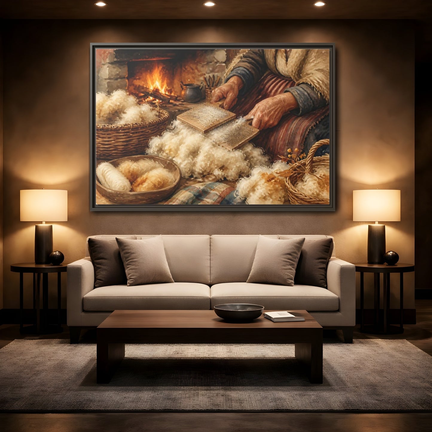 Mockup 2. Carding Wool By The Hearth shown as framed canvas print