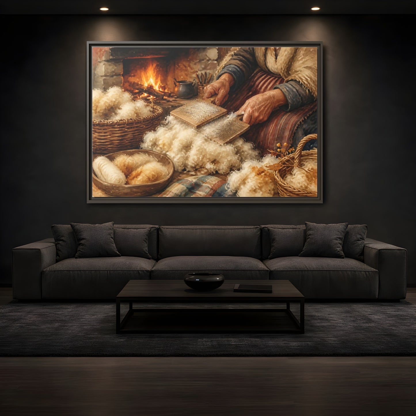 Mockup 3. Carding Wool By The Hearth shown as framed canvas print