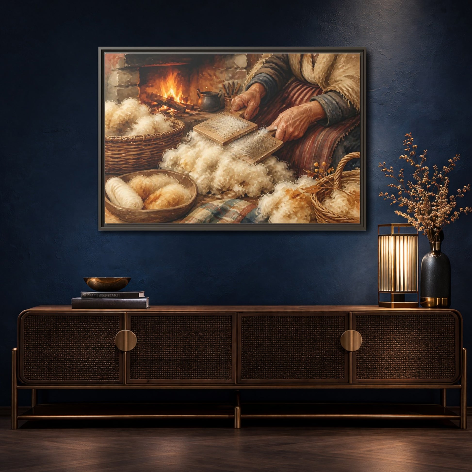 Mockup 4. Carding Wool By The Hearth shown as framed canvas print