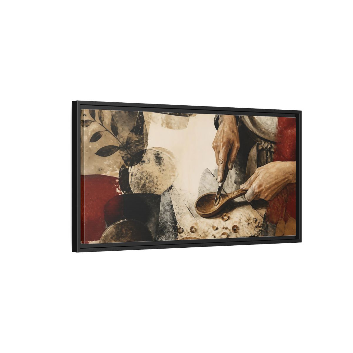 Side Mockup 2. Carving A Wooden Spoon shown as framed canvas print