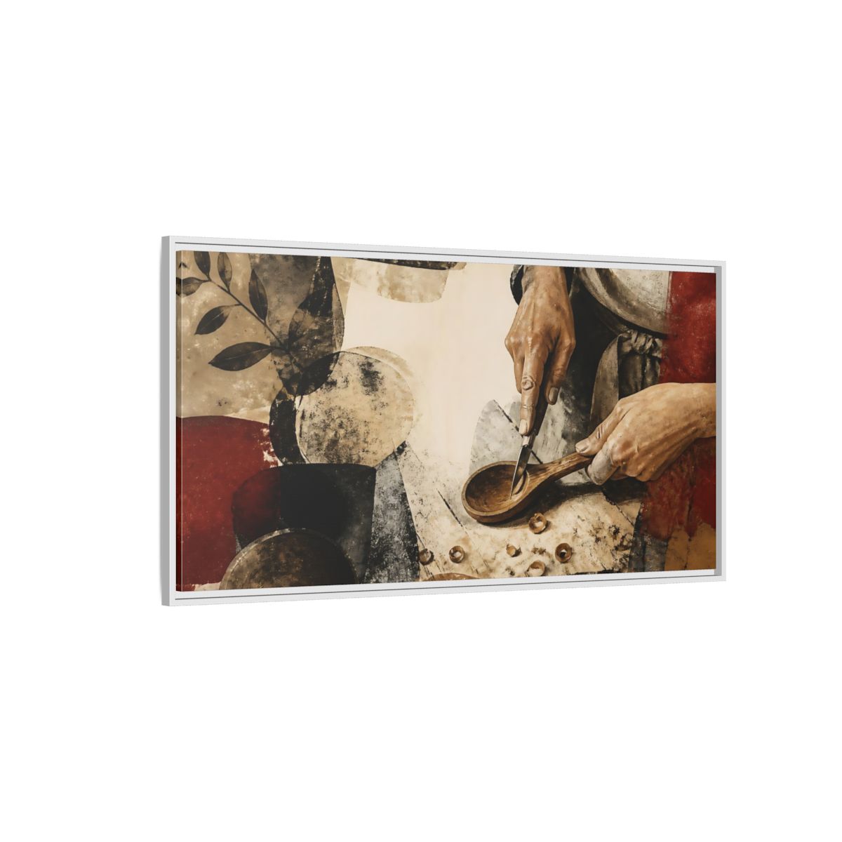 Side Mockup 3. Carving A Wooden Spoon shown as framed canvas print