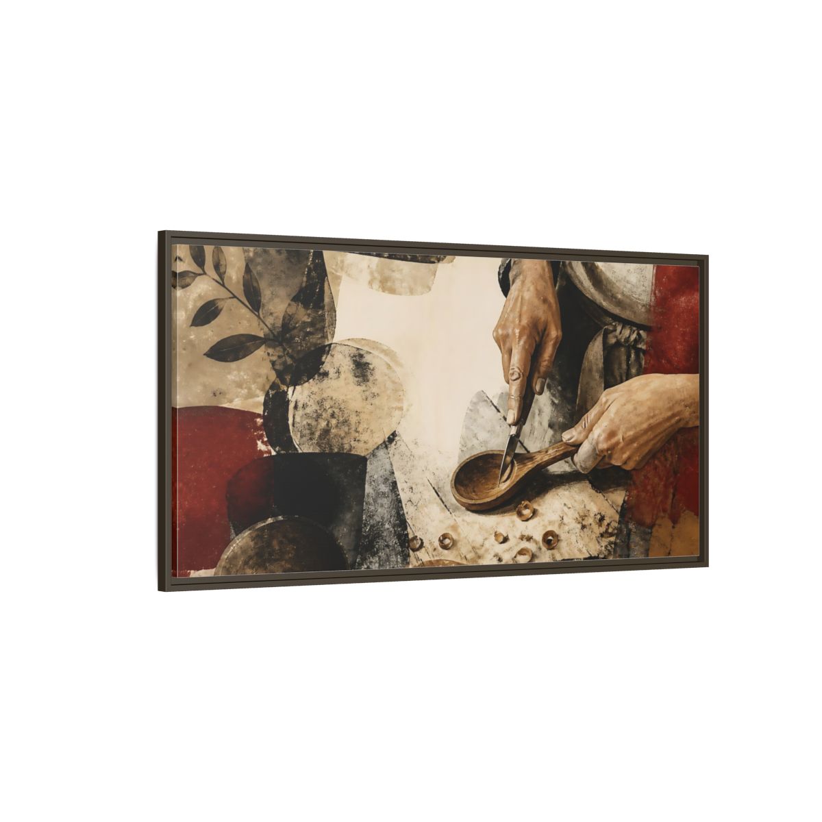 Side Mockup 4. Carving A Wooden Spoon shown as framed canvas print