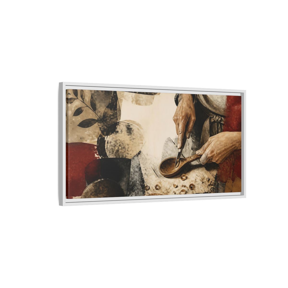 Side Mockup 1. Carving A Wooden Spoon shown as framed canvas print