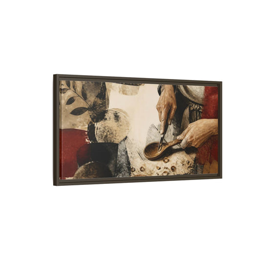 Main Mockup. Carving A Wooden Spoon shown as framed canvas print