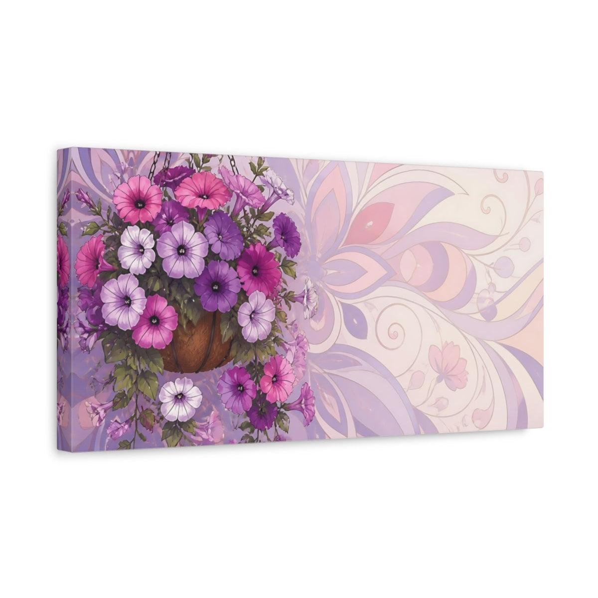 Side Mockup 3. Cascading Petunia Basket shown as canvas print
