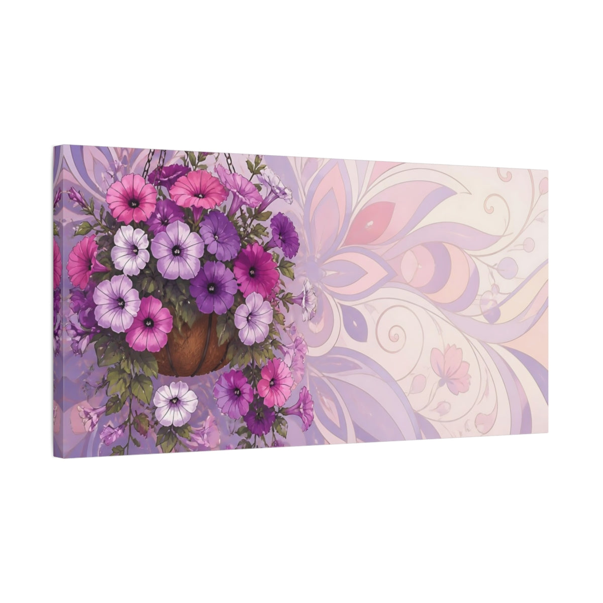 Side Mockup 1. Cascading Petunia Basket shown as canvas print
