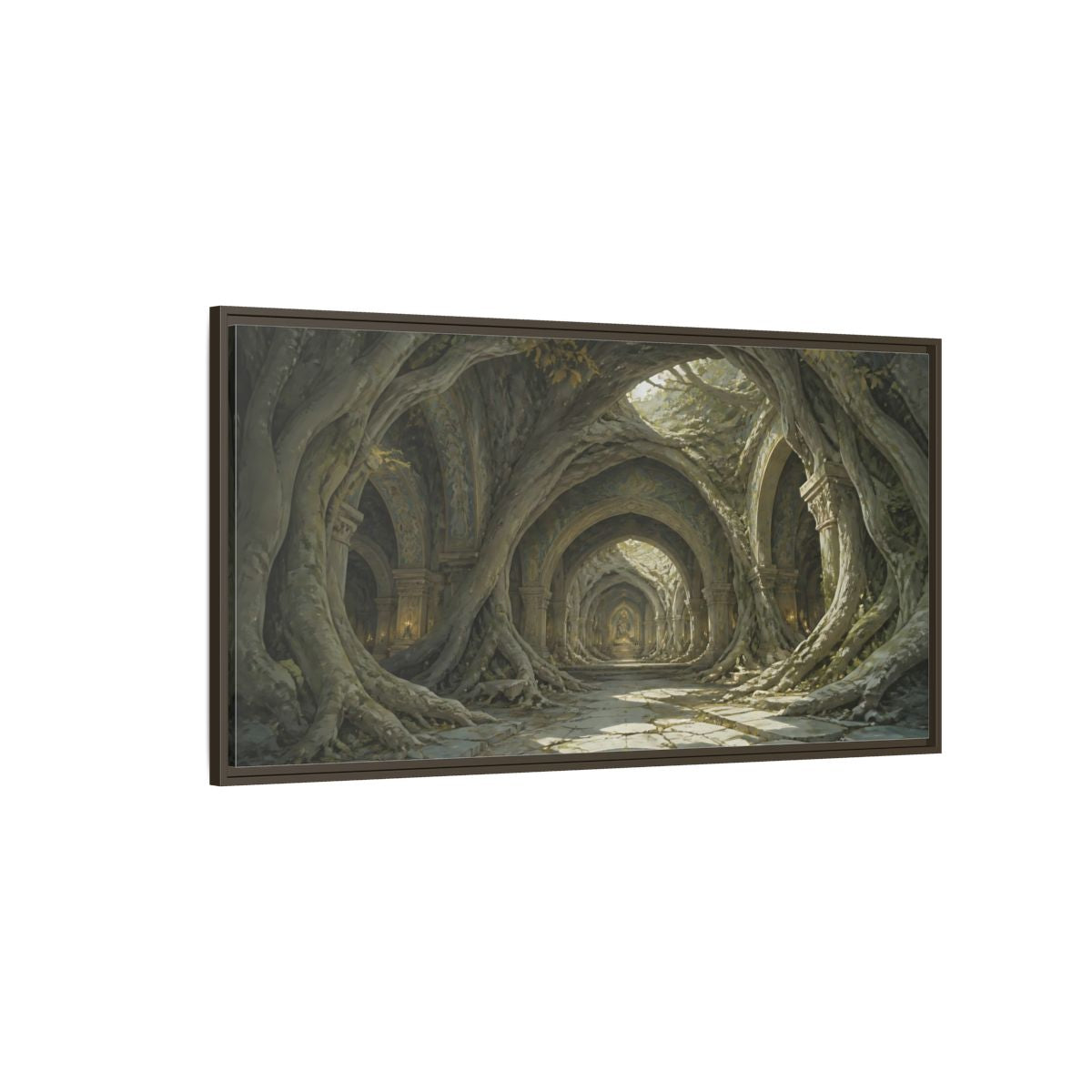 Side Mockup 4. Cathedral Of Living Roots shown as framed canvas print