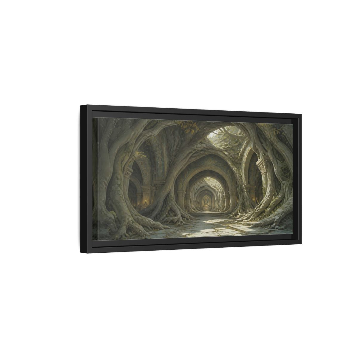 Side Mockup 8. Cathedral Of Living Roots shown as framed canvas print