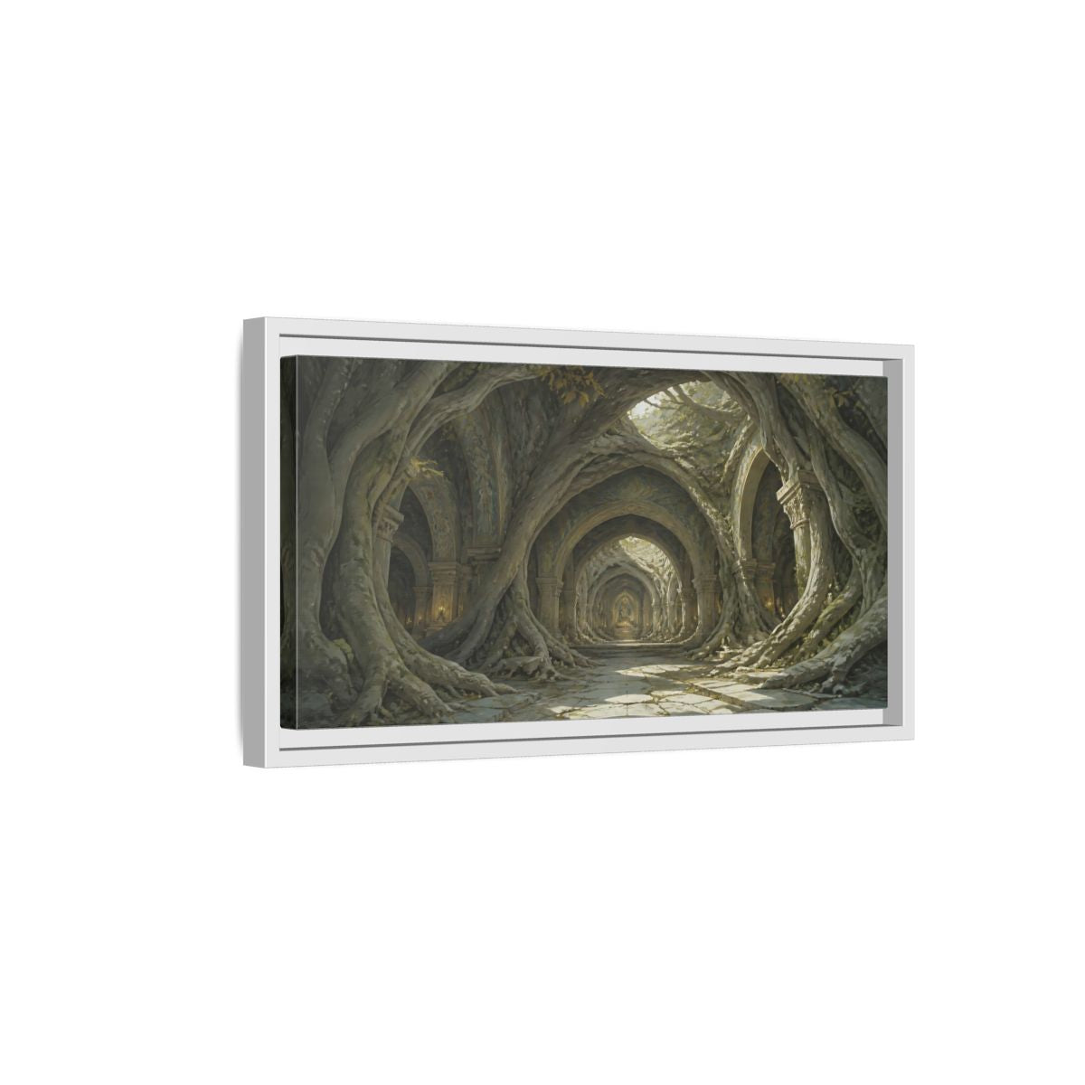 Side Mockup 6. Cathedral Of Living Roots shown as framed canvas print