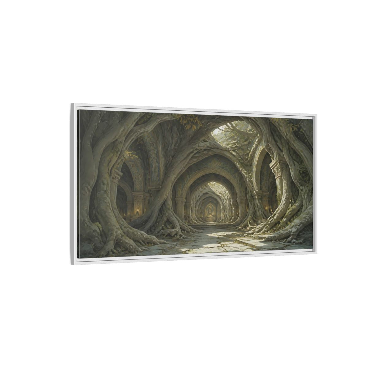Side Mockup 3. Cathedral Of Living Roots shown as framed canvas print