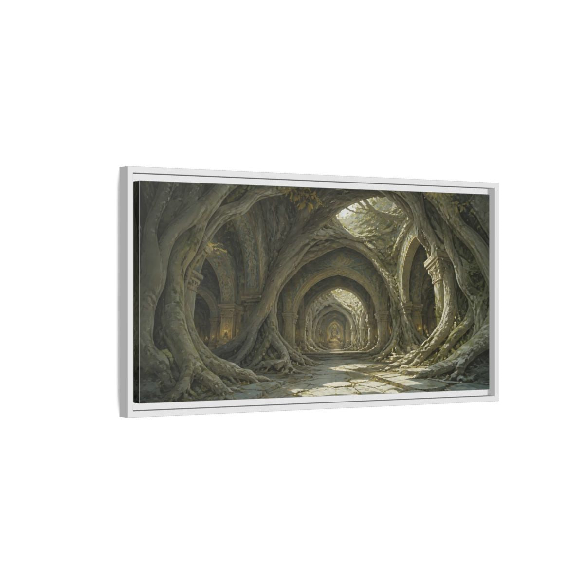 Side Mockup 1. Cathedral Of Living Roots shown as framed canvas print