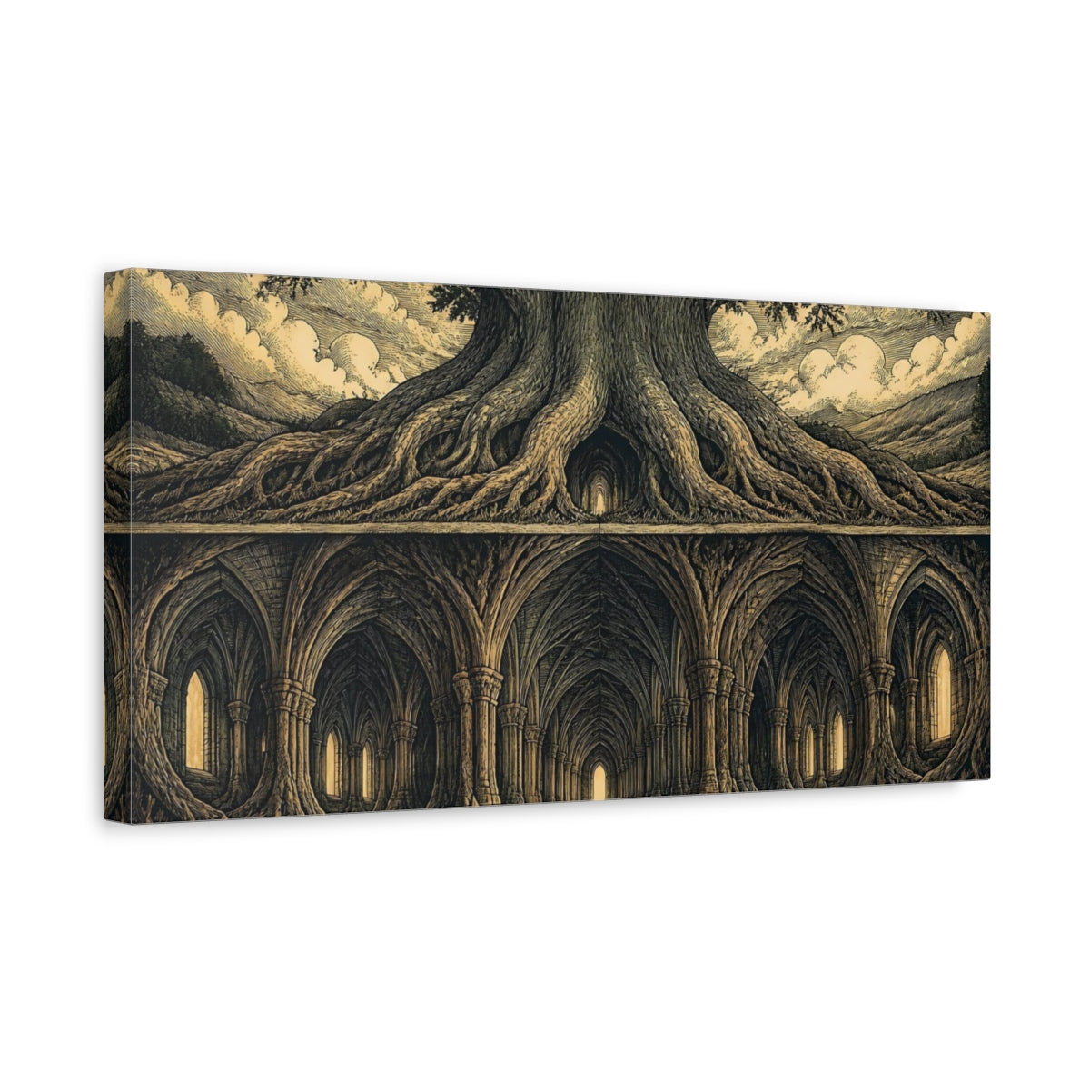 Side Mockup 3. Cathedral Of Roots shown as canvas print