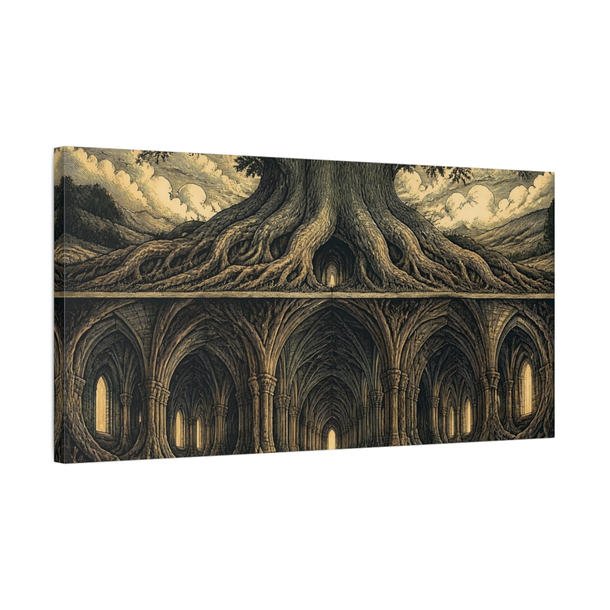 Side Mockup 1. Cathedral Of Roots shown as canvas print