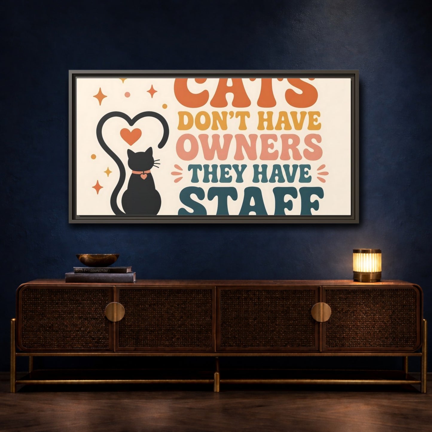 Mockup 4. Cats Have Staff shown as framed canvas print