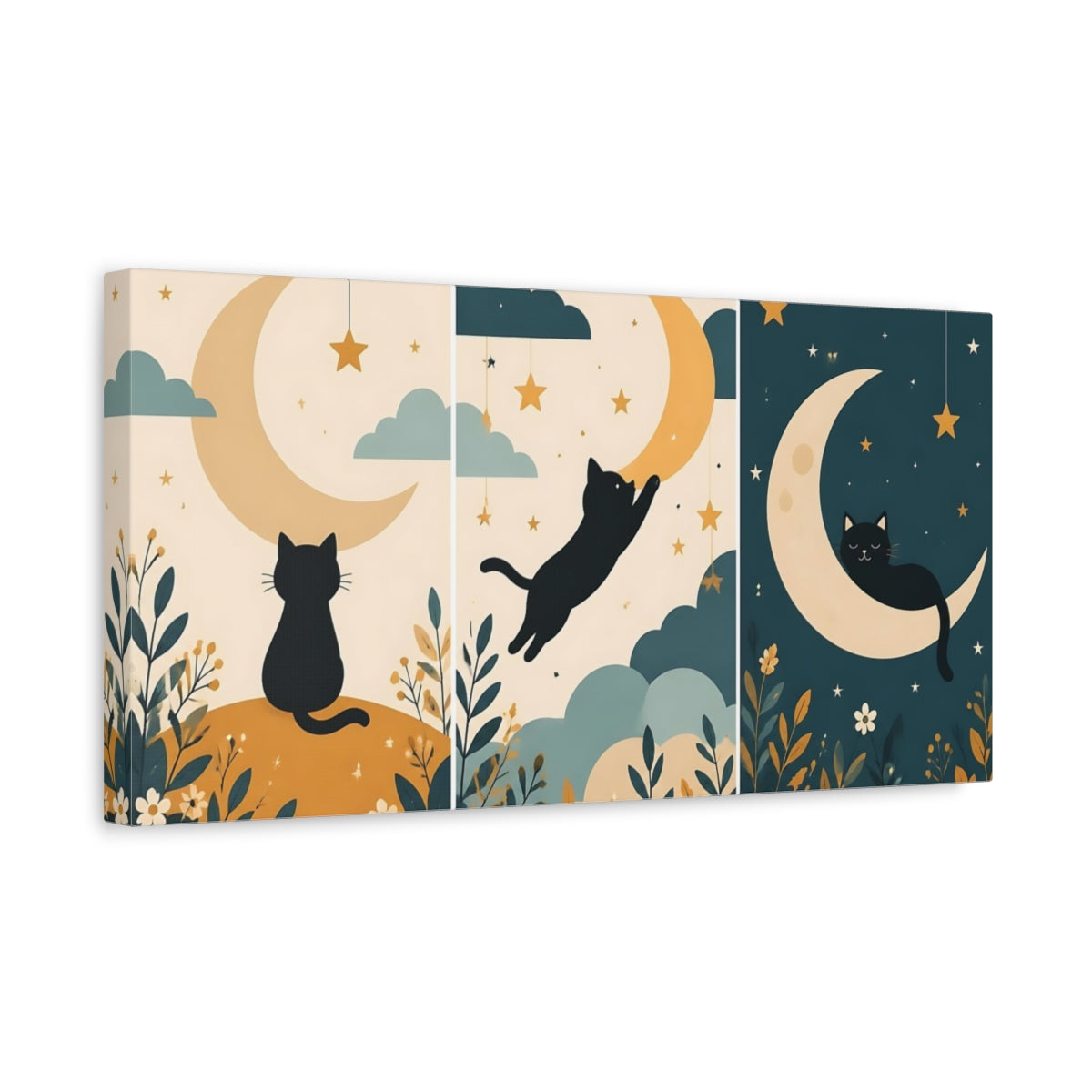 Side Mockup 3. Cats Under Moonlight shown as canvas print