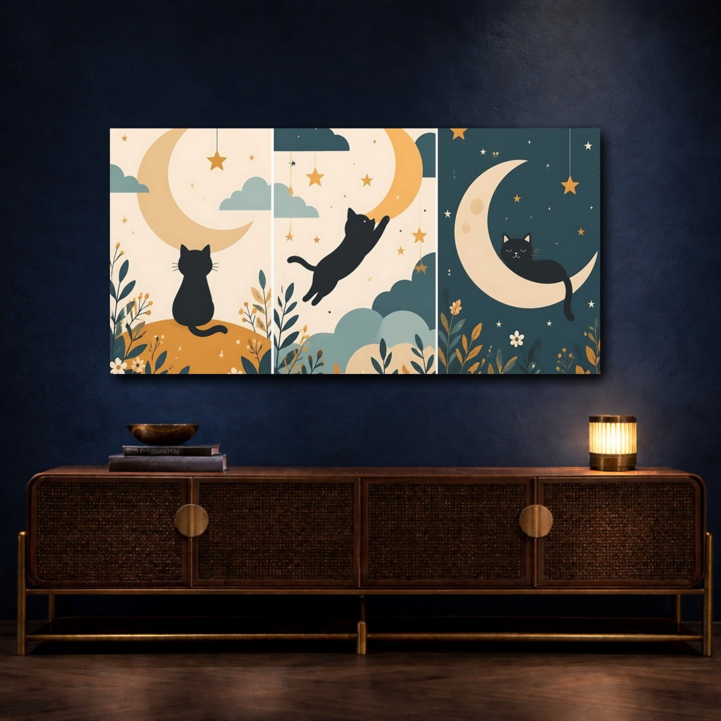 Mockup 4. Cats Under Moonlight shown as canvas print