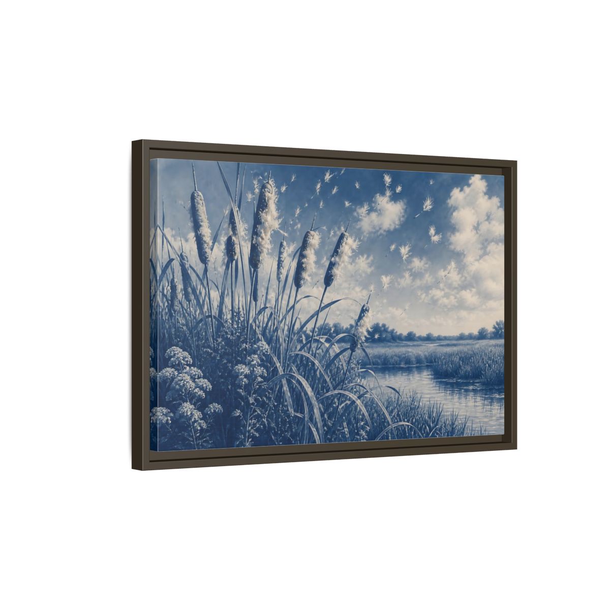 Side Mockup 2. Cattails And Seed Fluff shown as framed canvas print