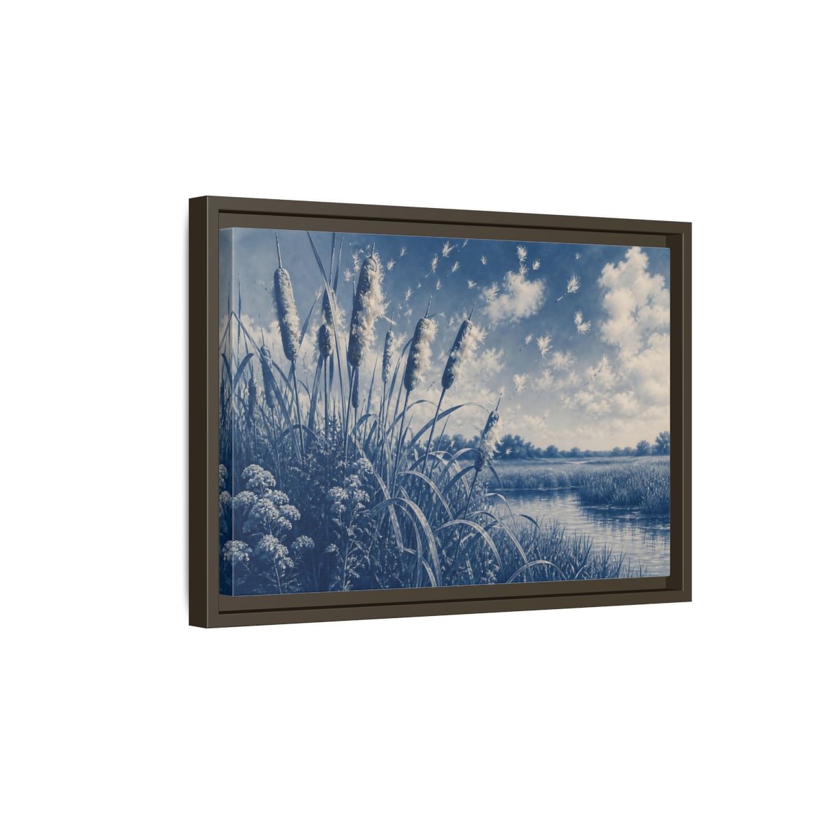 Side Mockup 5. Cattails And Seed Fluff shown as framed canvas print