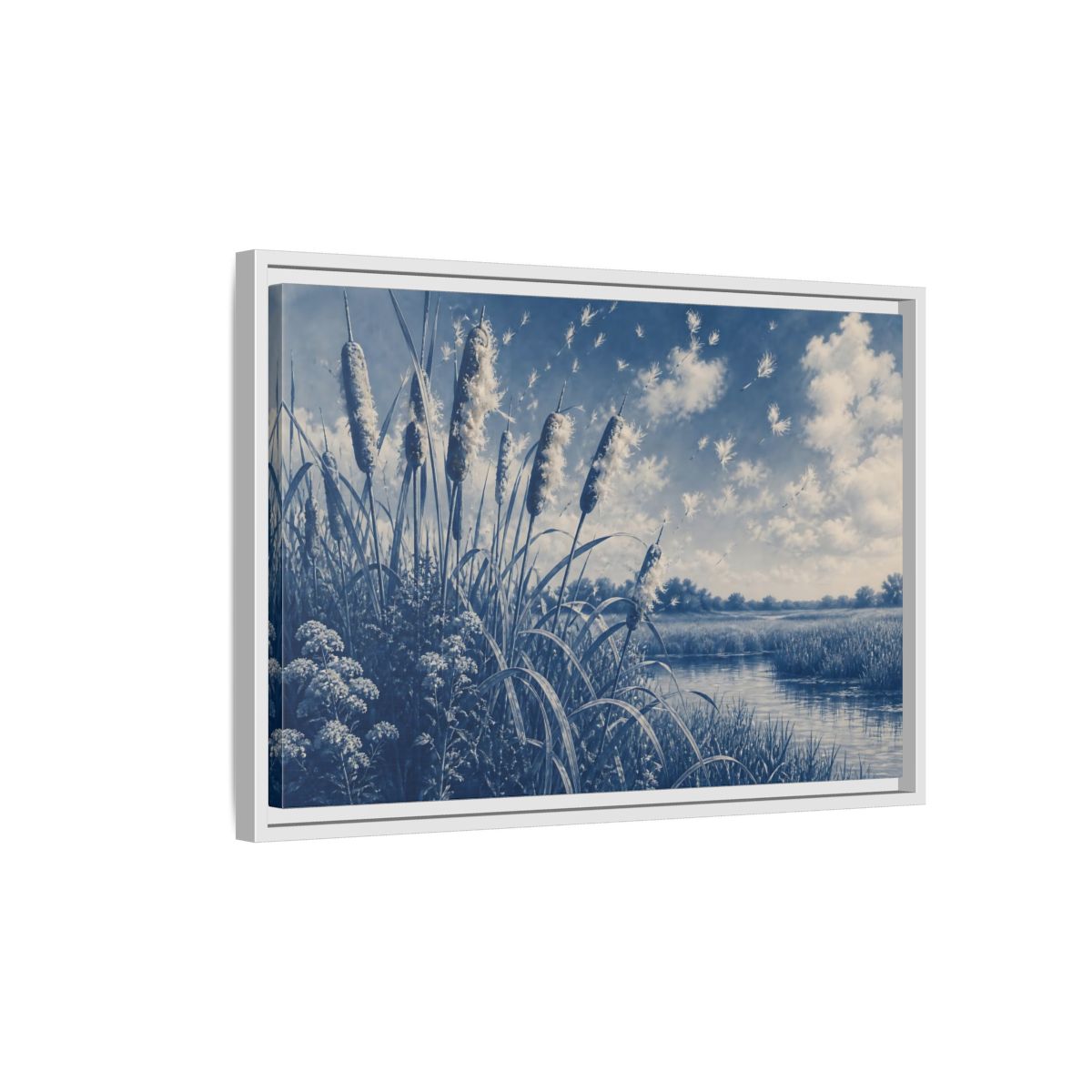 Side Mockup 1. Cattails And Seed Fluff shown as framed canvas print